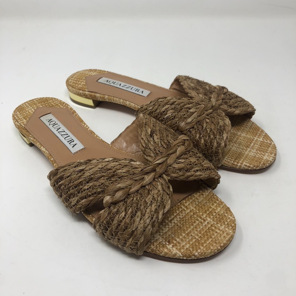 Aquazzura Natural Woven Raffia Rope Flat Sandals Womens 35.5 US5.5 Beach Resort